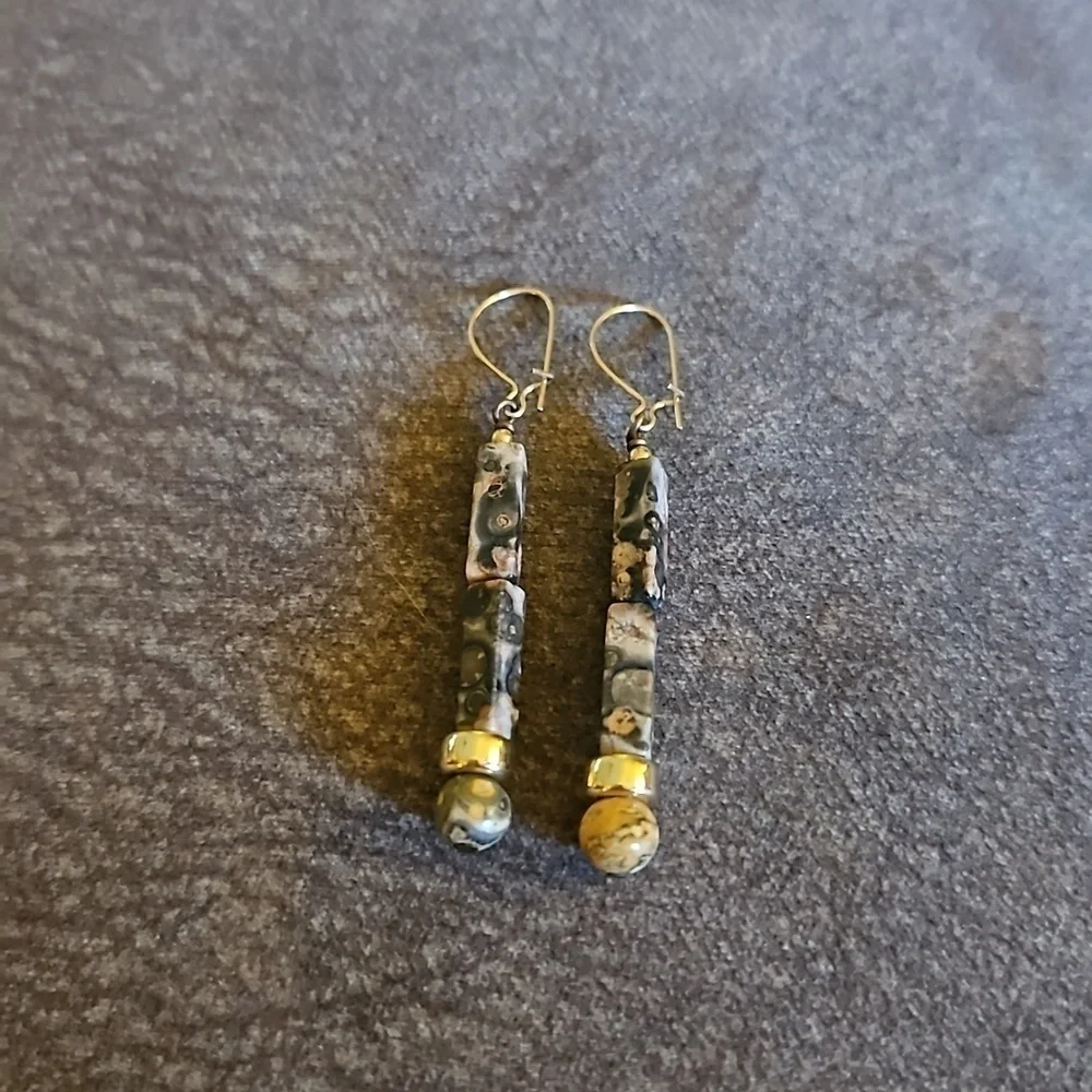 3/$30 HANDMADE Rhodonite Beaded Stick Dangle Hook Earrings